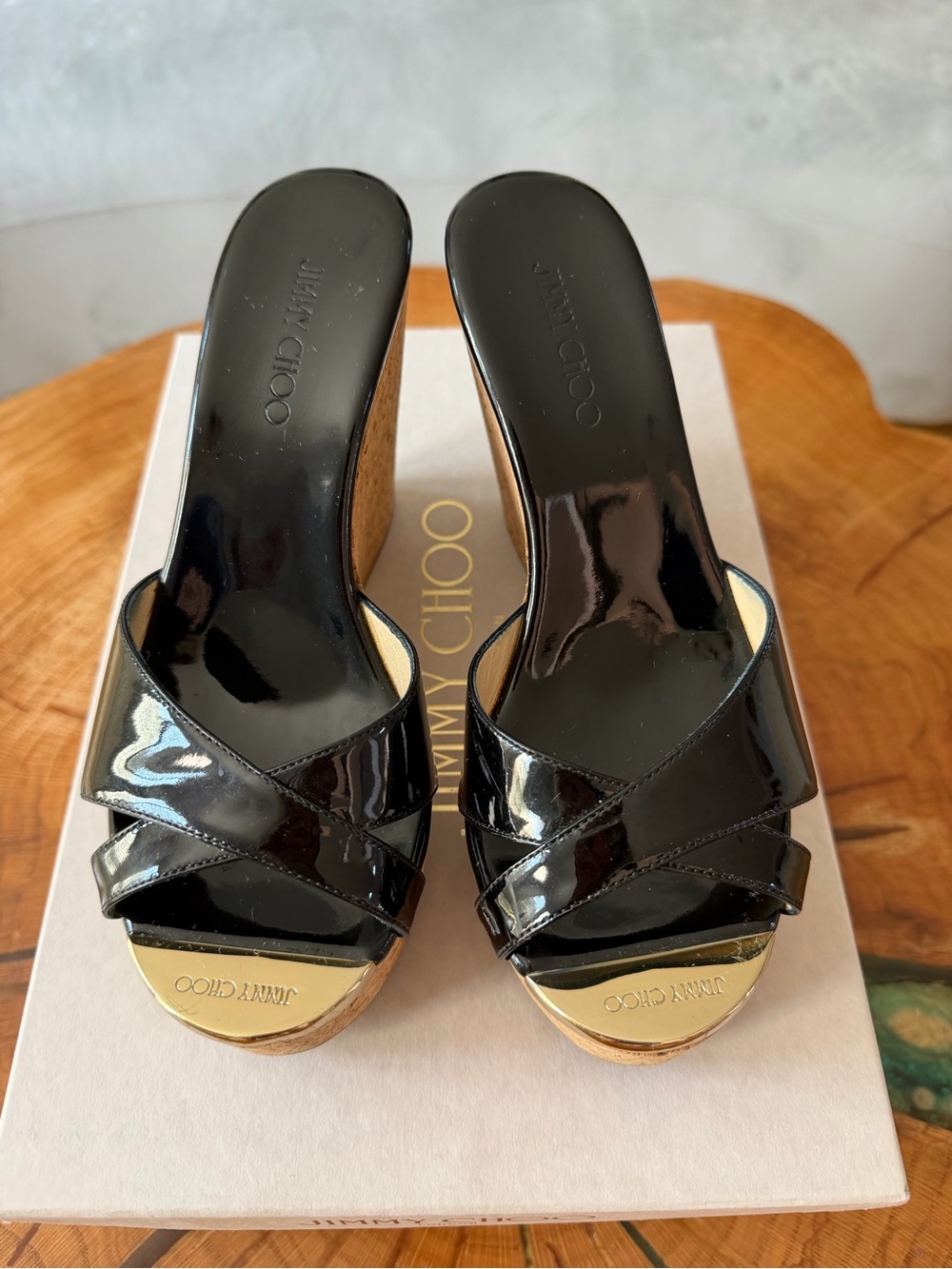 Jimmy Choo Perfume Black Patent Leather Cork Wedge Sandals Size 36
